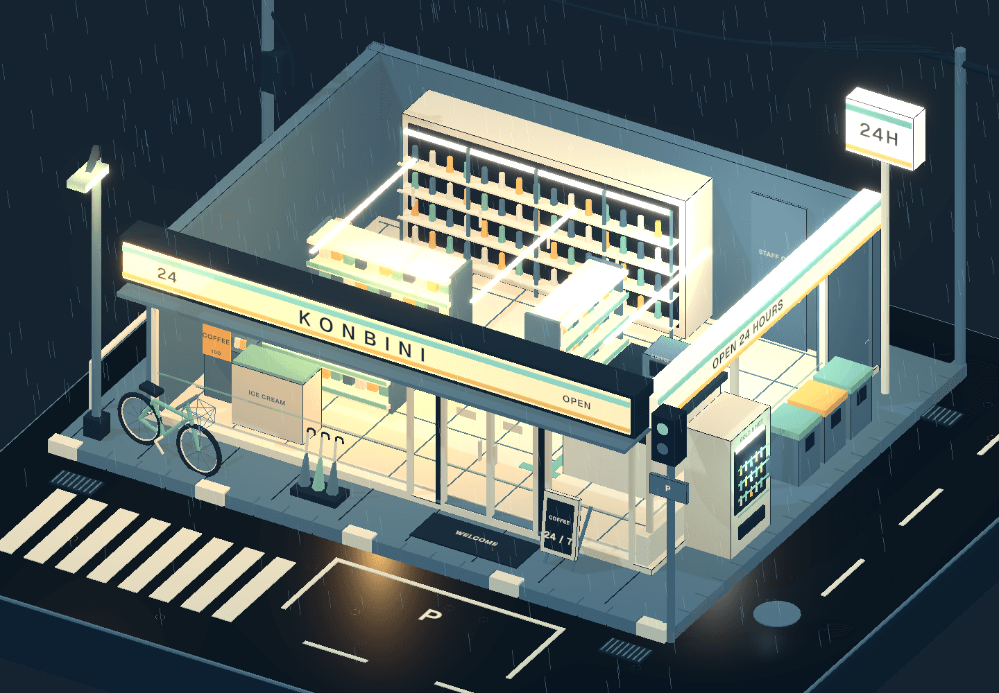 雨夜便利店的室内剖面真实三维截图
