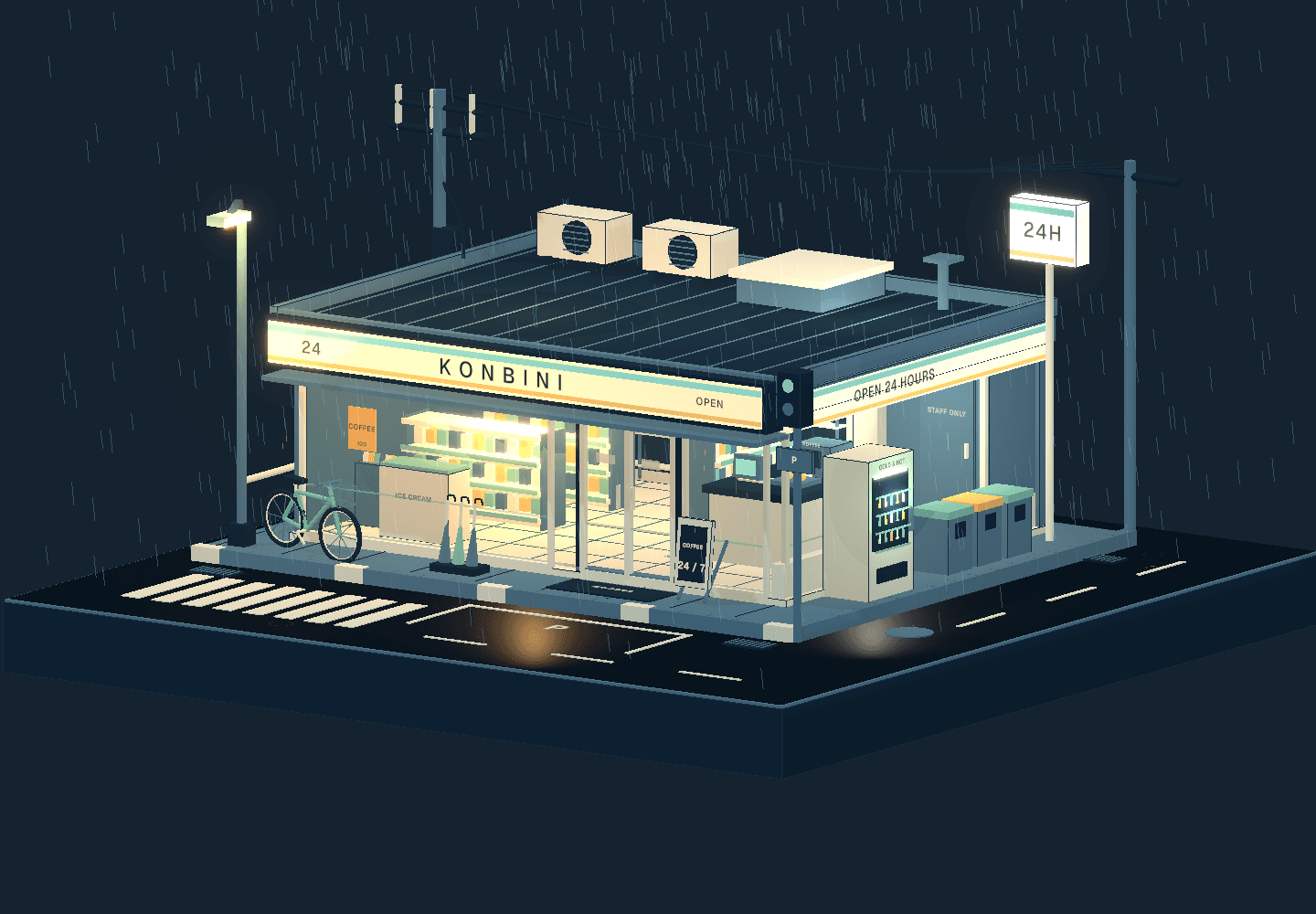 雨夜便利店的沿街视角真实三维截图